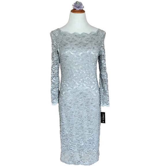 Onyx Nite Dresses & Skirts - Onyx Nite Platinum Stretch Lace Dress 8 D-Cut Scallop Lined Body Con 3/4 Sleeve